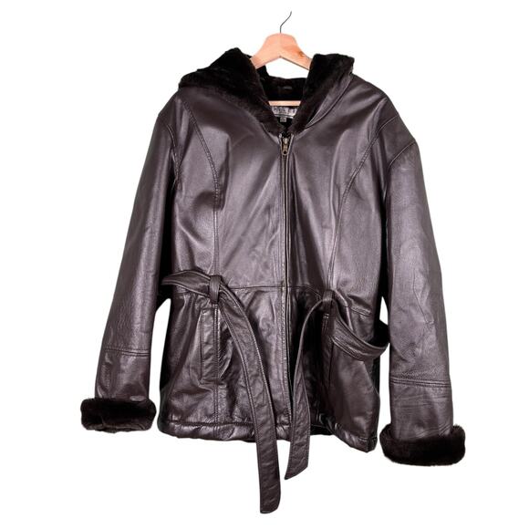 Pelle Studio Womens Jacket Large Leather Faux Fur Hooded Belted Full Zip Winter - Picture 1 of 12